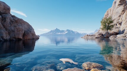 Serene landscape featuring clear water, mountains, and a fish.