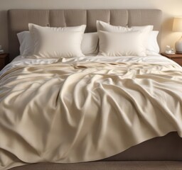 Soft cream wool blanket spread across king size bed, cozy bedroom,  natural fibers ,  warm lighting