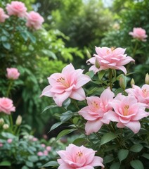 Obraz premium Soft focus of pink roses in a garden with white lily and eucalyptus, garden scene, floral background, nature