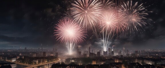 Fototapeta premium New Year fireworks exploding in the city at night, city lights, , explosion