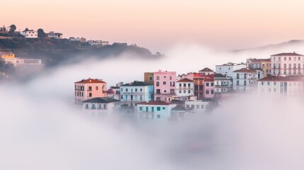 Obraz premium Serene Coastal Townscape on a Misty Morning with Colorful Buildings Emerging Through the Fog