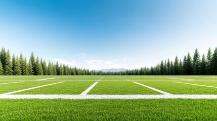Obraz premium A clear football field surrounded by trees and mountains.