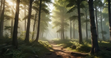 Fototapeta premium Soothing forest landscape with sunlight filtering through trees, nature, greenery, sunlight