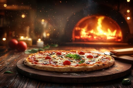  A National Pizza Day background with a cozy Italian pizzeria vibe, showcasing a pizza oven with flames glowing, and fresh pizzas on wooden peels ready to be served 