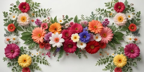 Set of assorted colorful flowers arranged in a decorative pattern on a white background with greenery and ribbons,  home decor,  botanical print,  floral patterns