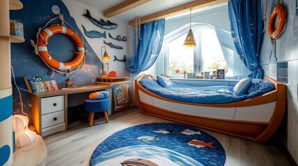 Nautical-themed kids room with boat bed and ocean decor
