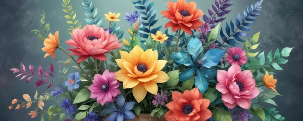Fototapeta premium Vibrant watercolor flowers and foliage in a whimsical arrangement, lush greenery, colorful blooms, garden scene