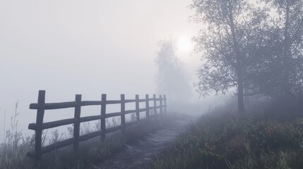 Tranquil Nostalgia: Foggy Morning at Rustic Wooden Fence