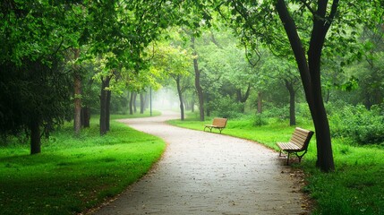 Obraz premium Tranquil Morning Stroll: Serene Park Paths Amid Misty Atmosphere for Relaxing Walks