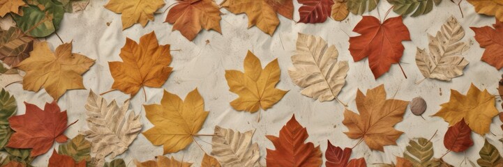 Weathered paper collage with scattered leaves, outdoor decor,  leafy branches,  weathered wood