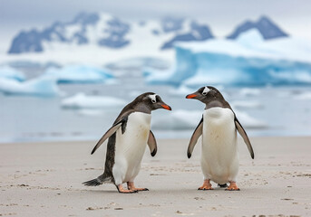 Fototapeta premium Two penguins walking on the seashore in Antarctica, close-up, full size. Blurred background.