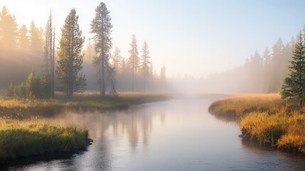 Fototapeta premium Tranquil Creek Meandering through Misty Forest at Sunrise - Peaceful Nature Landscape Photography