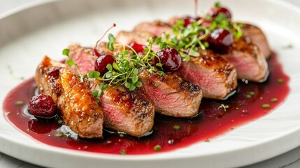 Duck breast with cherry reduction and micro herbs