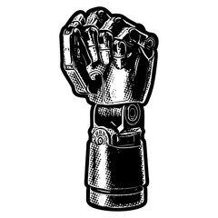 Robot hand illustration in retro black and white halftone newspaper print graphic style