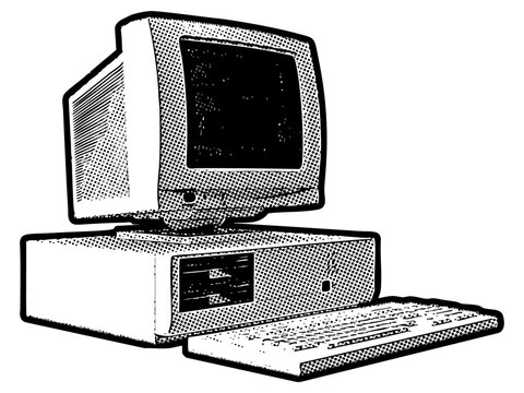 Vintage desktop computer illustration in retro black and white halftone newspaper print graphic style