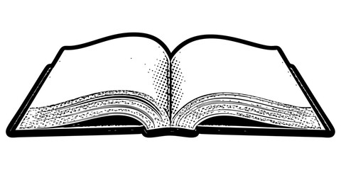 Open book illustration in retro black and white halftone newspaper print graphic style