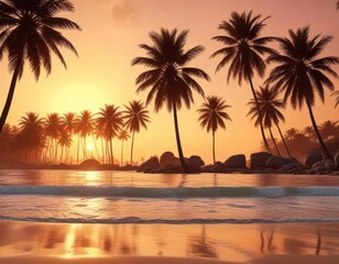Obraz premium Sunny beach at dawn with palm trees silhouetted against a warm orange sky, palm trees, film filter, sunrise