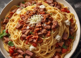 Tangled spaghetti with rich meat ragu and parmesan cheese, homemade pasta,  comfort food,  beef stew