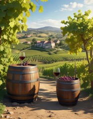 Fototapeta premium Vineyard landscape with wine barrel and single grape , countryside, rustic, wine barrel