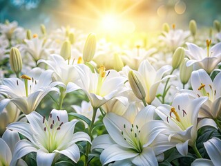 Obraz premium Aerial shot: pristine white lilies, soft shadows dance on a white backdrop, ample text space.