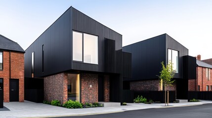 Modern black and brick houses with minimalistic design.
