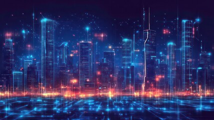 Neon metaverse city. Tech building background. Futuristic cyber virtual reality technology for world cityscape hologram. Ai night skyline bg. Modern street architecture with data network concept