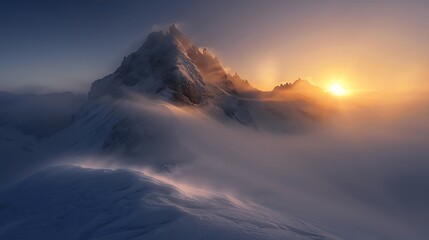 Majestic Mountain Peak Surrounded by Breathtaking Fog and Illuminated by a Golden Sunrise over a Snow-Covered Landscape in Winter