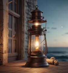 Vintage lighthouse lantern with nautical elements ,  beam,  lighting,  monochrome