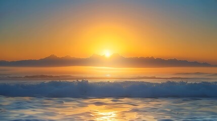 Naklejka premium Serene Sunrise Over Calm Ocean Waves with Gentle Shoreline Light Reflecting on Water, Creating a Peaceful Coastal Atmosphere at Dawn