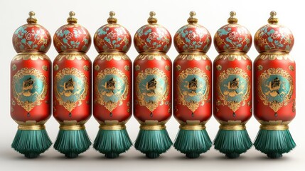 Fototapeta premium Seven ornate red and gold cylindrical containers with teal bases, arranged in a row.