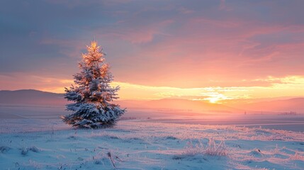 Solitary snow-covered fir tree at sunrise in a winter landscape.