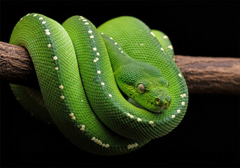 Obraz premium Side view animal closeup of green albolaris snake wrapped in tree branch close up green viper snake close up head, black background.