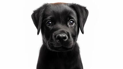 Adorable black puppy portrait on white background, close-up of cute dog with soulful eyes, perfect for pet and animal themes