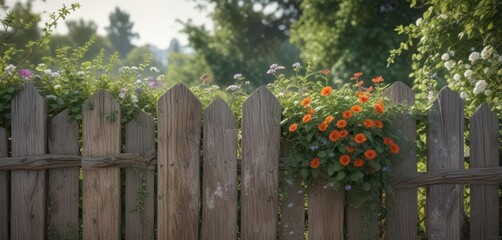 Naklejka premium Weathered wooden fence post with vines and flowers, wood, wildflowers, brown