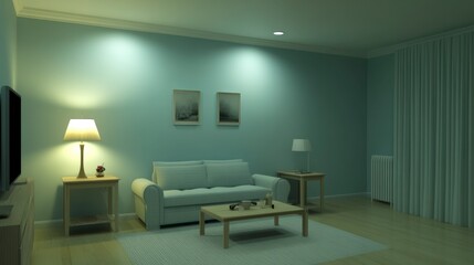 Fototapeta premium Cozy Teal Living Room Interior at Night
