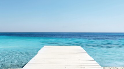 Serene Wooden Pier Overlooking Calm Azure Waters Under Clear Blue Sky, Ideal for Travel and...