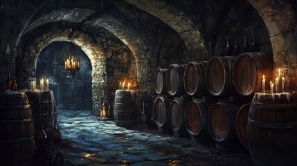 Ancient Wine Cellar with Candles, Oak Barrels, Stone Walls