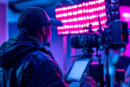 Filmmaker reviewing footage on tablet, studio