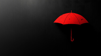 A simple graphic design featuring a red umbrella against a black background. Minimalist style, clean lines, single object. Illustrative and symbolic.