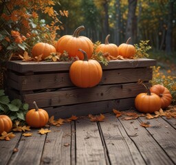 Warm pumpkin arrangement on wooden planks amidst fallen foliage,  forest floor,  autumn decor,  rustic charm