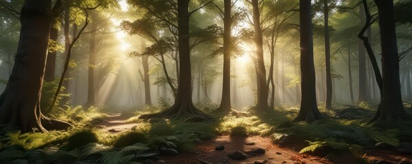 Warm sunlight filters through leafy canopy, illuminating forest floor,  nature,  light,  forest