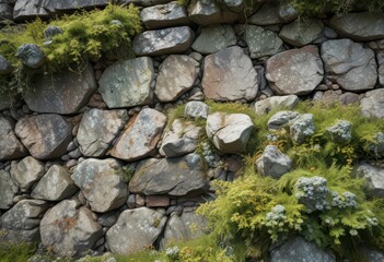 Weathered stone wall with lichen and moss growth ,  natural,  rustic,  textures