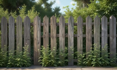 Naklejka premium Weathered wooden fence with overgrown vegetation, growth, natural, leaf