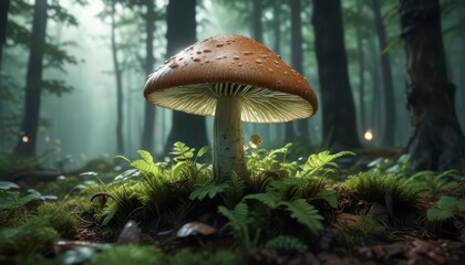 A leafy green forest with a glowing mushroom at its center,  trees,  organic,  earthy