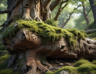 Obraz premium Ancient tree trunk with gnarled bark and moss-covered surface, tree, forestry, lichen