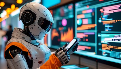 A humanoid robot engages with a glowing digital interface, examining diverse data visualizations and graphs. The setting features a dark, advanced technological background.