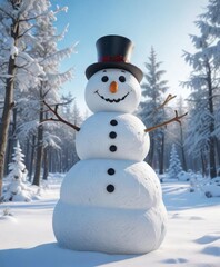 Naklejka premium A smiling snowman stands in a serene winter landscape with frosty trees and a clear blue sky, frost, winter