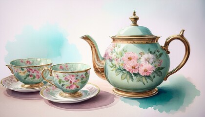 Elegant teapot and teacups with floral design.