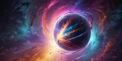 Obraz premium Celestial sphere suspended in a vortex of swirling colors, celestial, colorful, holographic