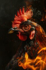 Fiery rooster portrait; dramatic, intense, captivating image of a rooster engulfed in flames. Perfect for concepts of power, strength, or mythology.